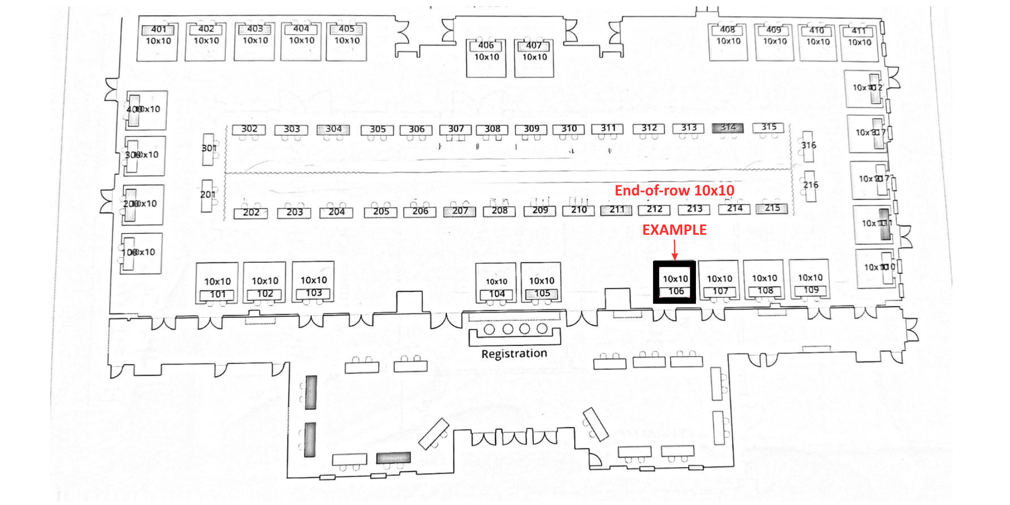 Show floor plan with an end-of-row 10x10 space highlighted
