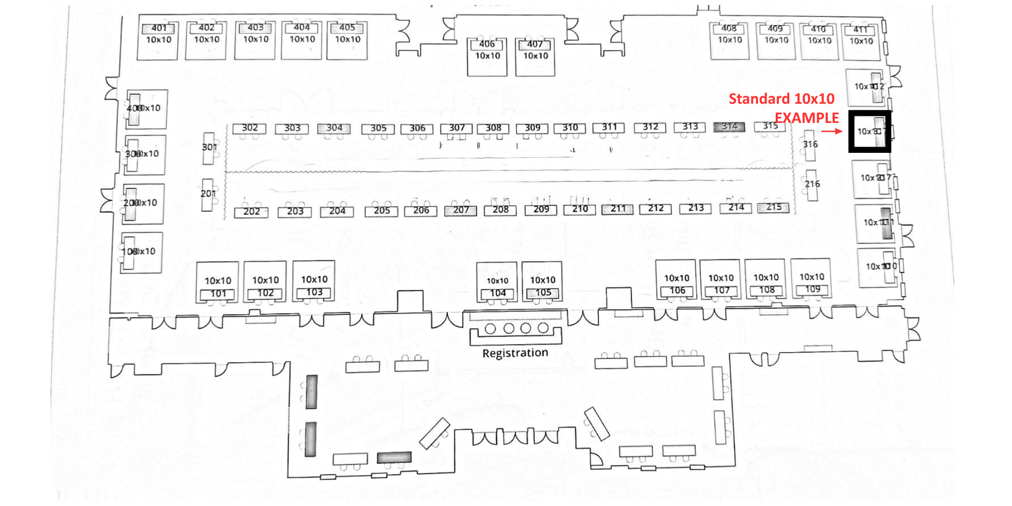 Show floor plan with a standard 10x10 space highlighted