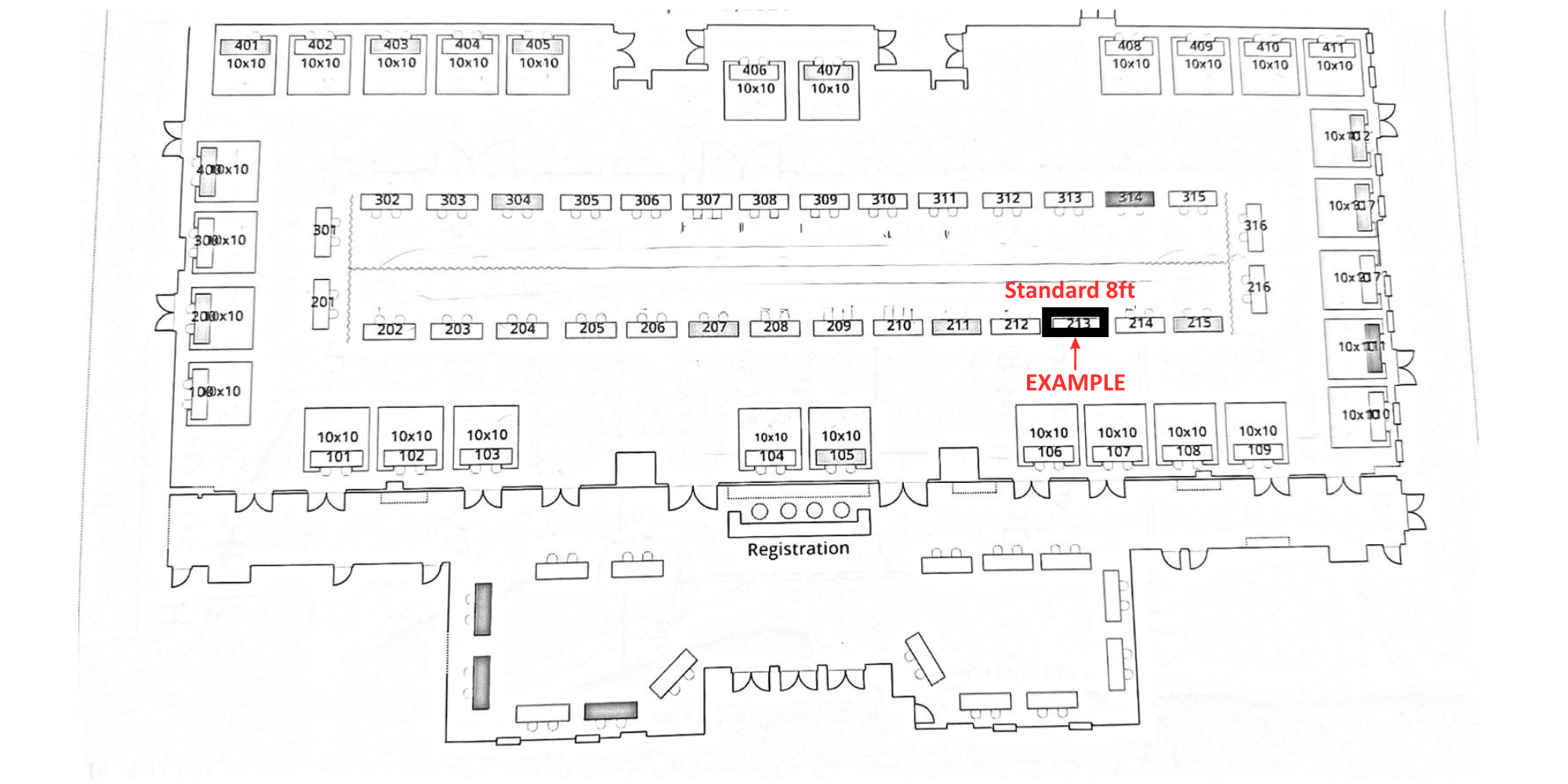 Show floor plan with a standard 8 foot table space highlighted