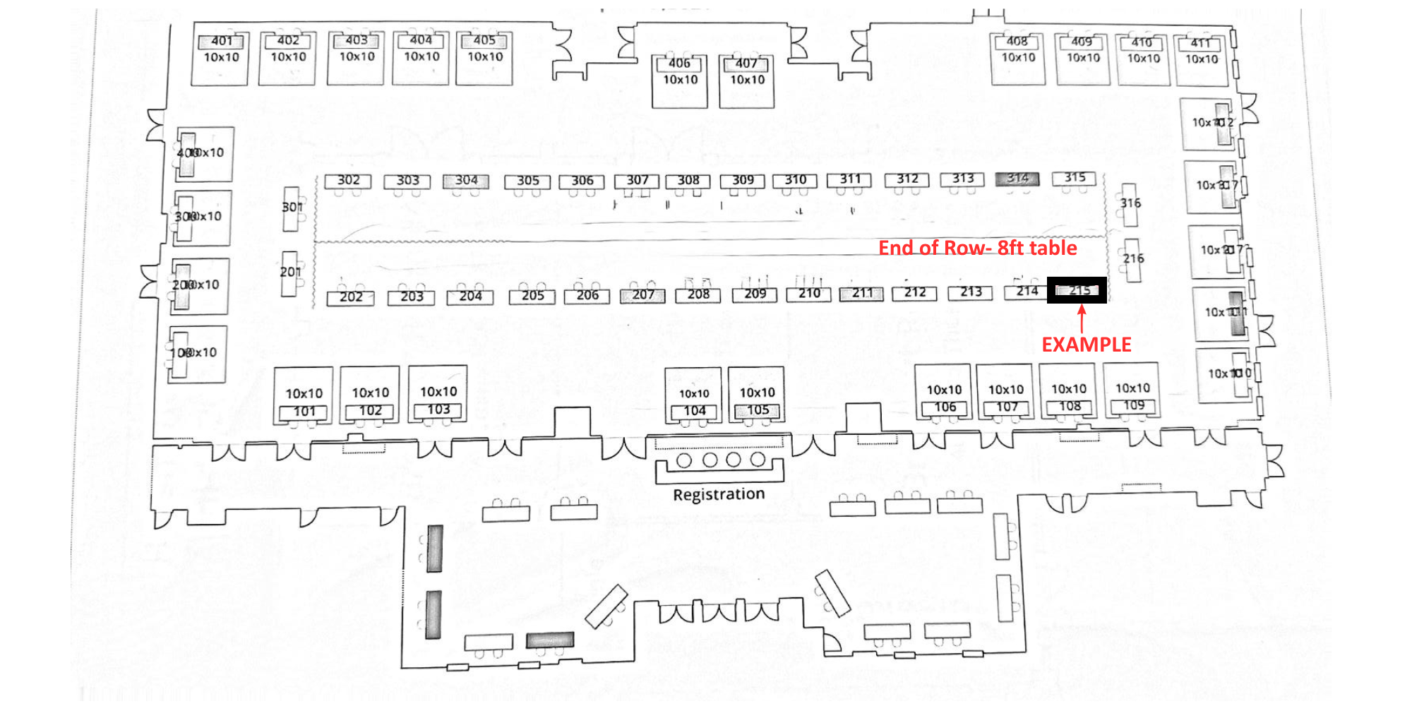 Show floor plan with an end-of-row 8 foot table space highlighted