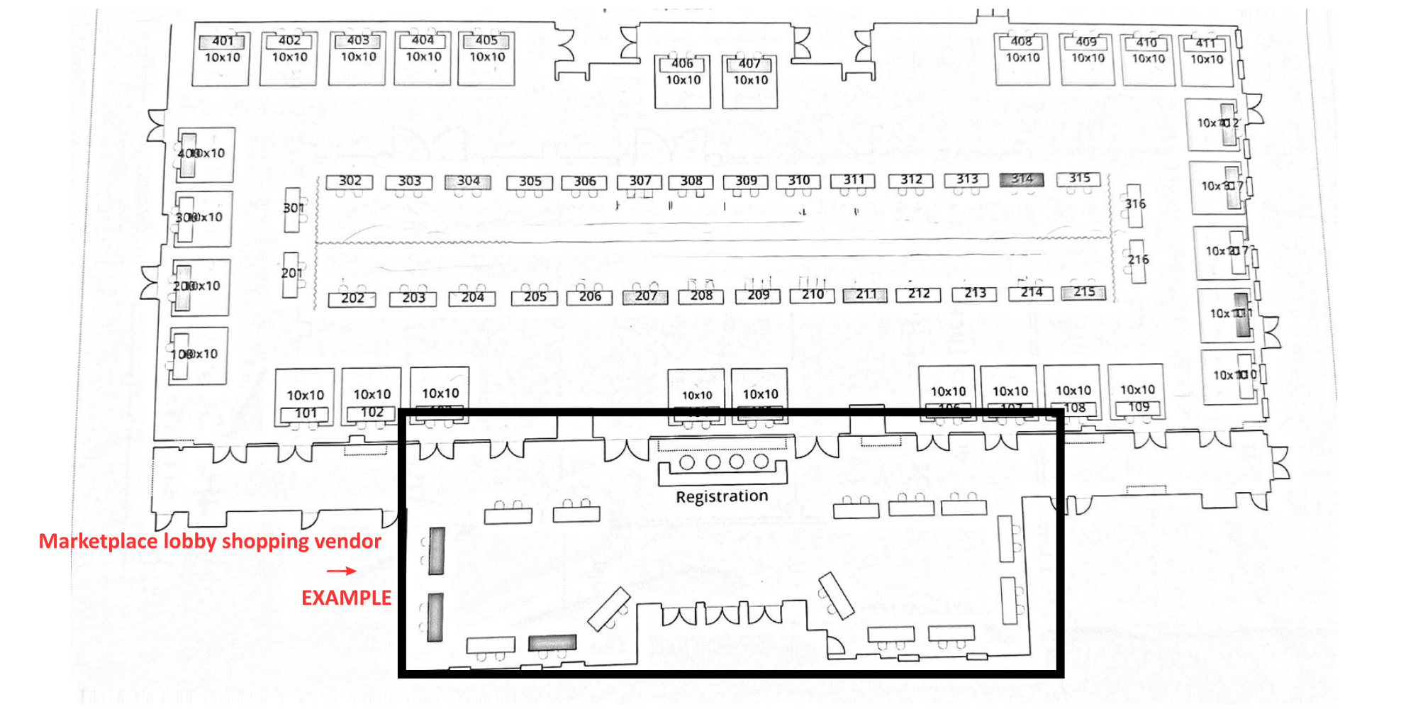 Show floor plan with the lobby marketplace shopping area highlighted